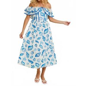 NEW LE LIS shelly off shoulder midi dress in white/ blue